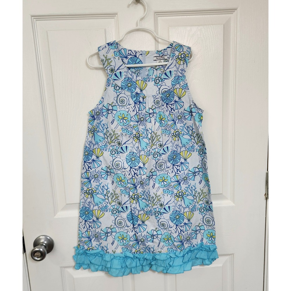 Hartstrings Girls Blue Coastal Shell Print Ruffle Hem Cotton Dress Size 10